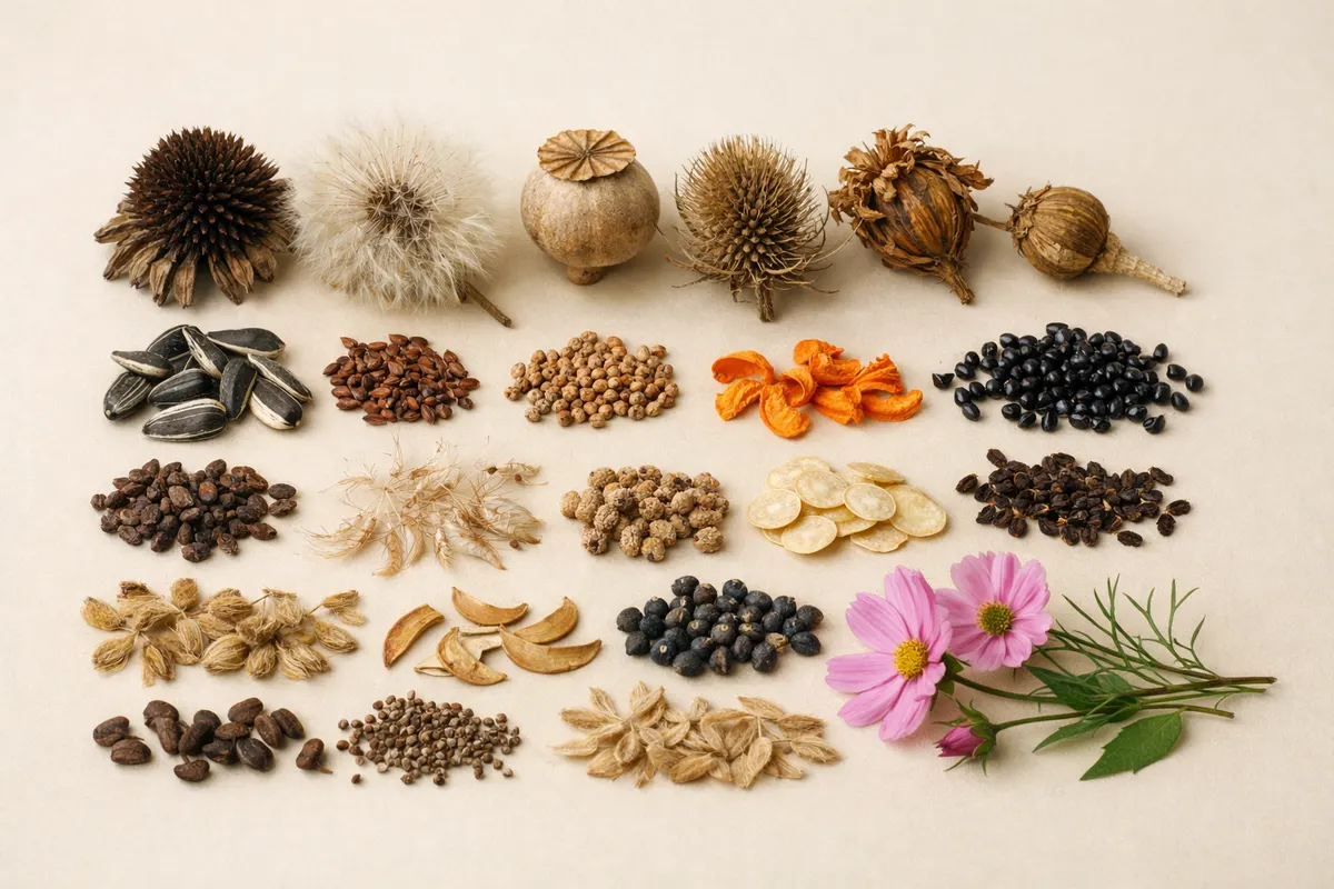 Flower seed pictures grouped by seed head, loose seed shape, size, color, and plant-context clues