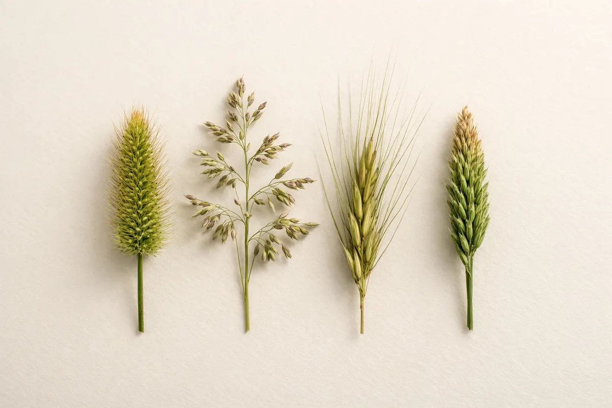 Editorial checklist image for grass seed heads showing visible clues and comparison notes.