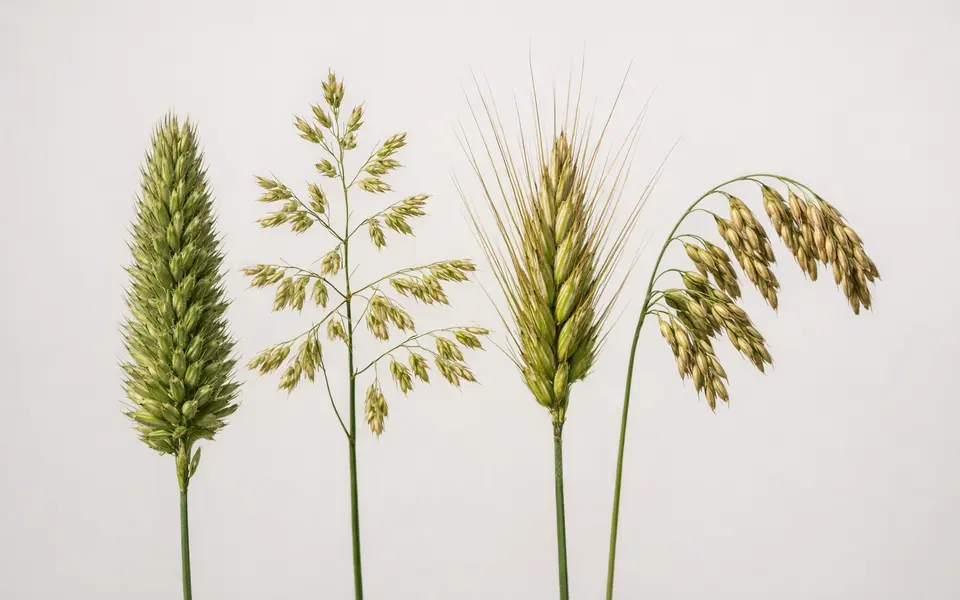 Close-up visual clues that help distinguish grass seed heads