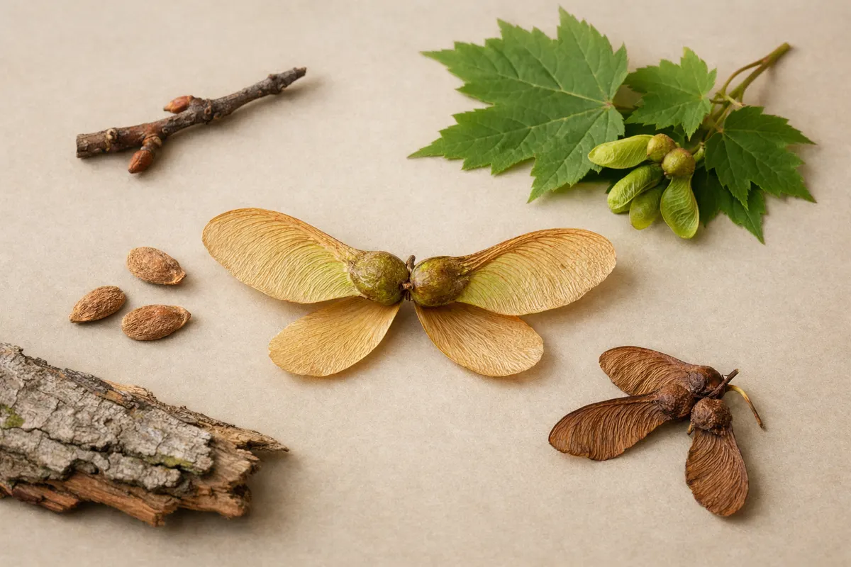 Editorial checklist image for maple seed identification showing visible clues and comparison notes.