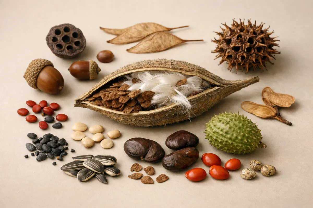 Seed pod photo with callouts for pod shape, seed layout, texture, and parent plant clues