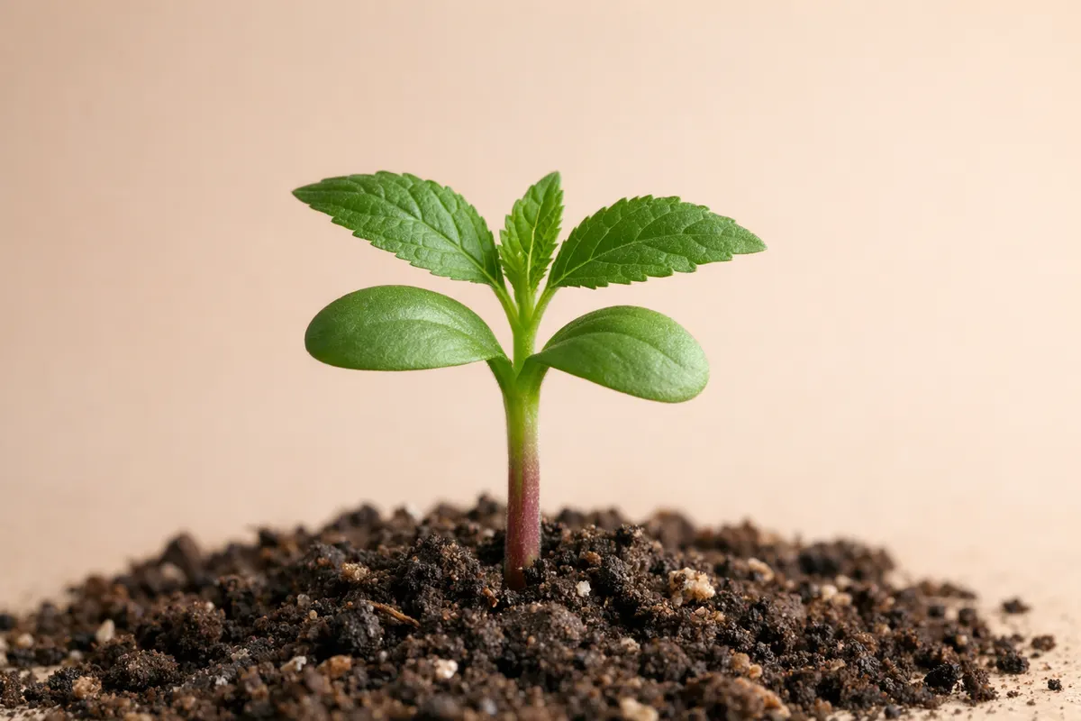 Seedling close-up with cotyledons, first true leaves, stem color, growth habit, and soil context visible