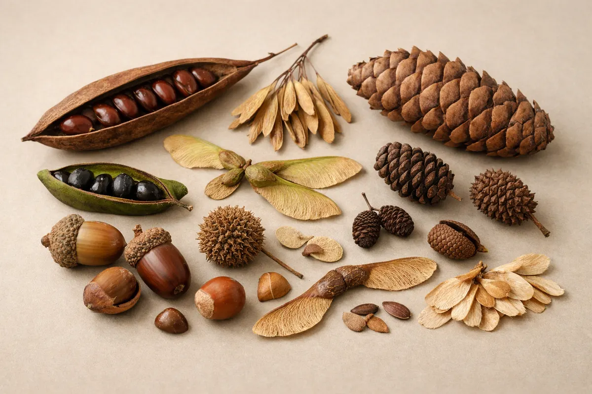 Tree seeds, pods, samaras, nuts, and cones arranged with callouts for shape, attachment point, seed layout, and scale