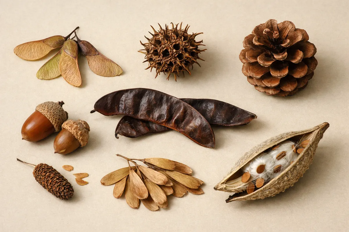 Clean visual checklist or comparison graphic for tree seed pod identification pictures.