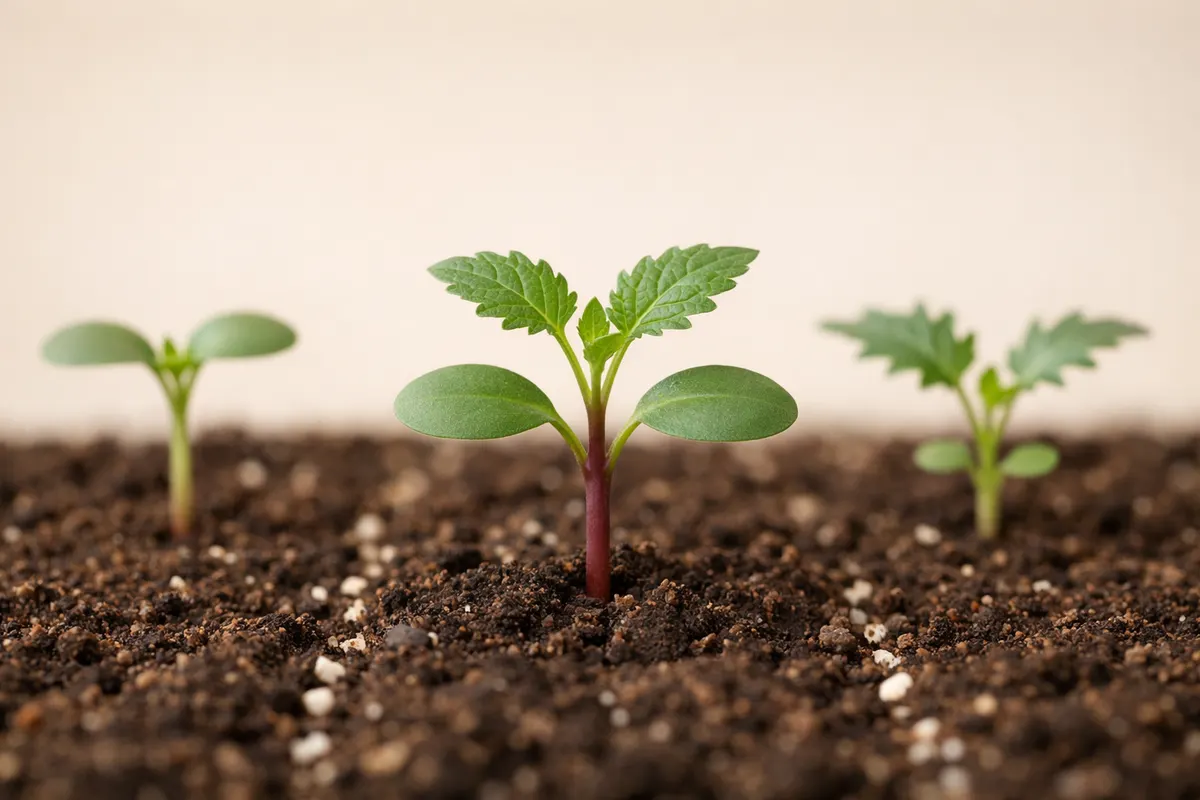 Seedlings with callouts for cotyledons, first true leaves, stem color, growth habit, and row spacing