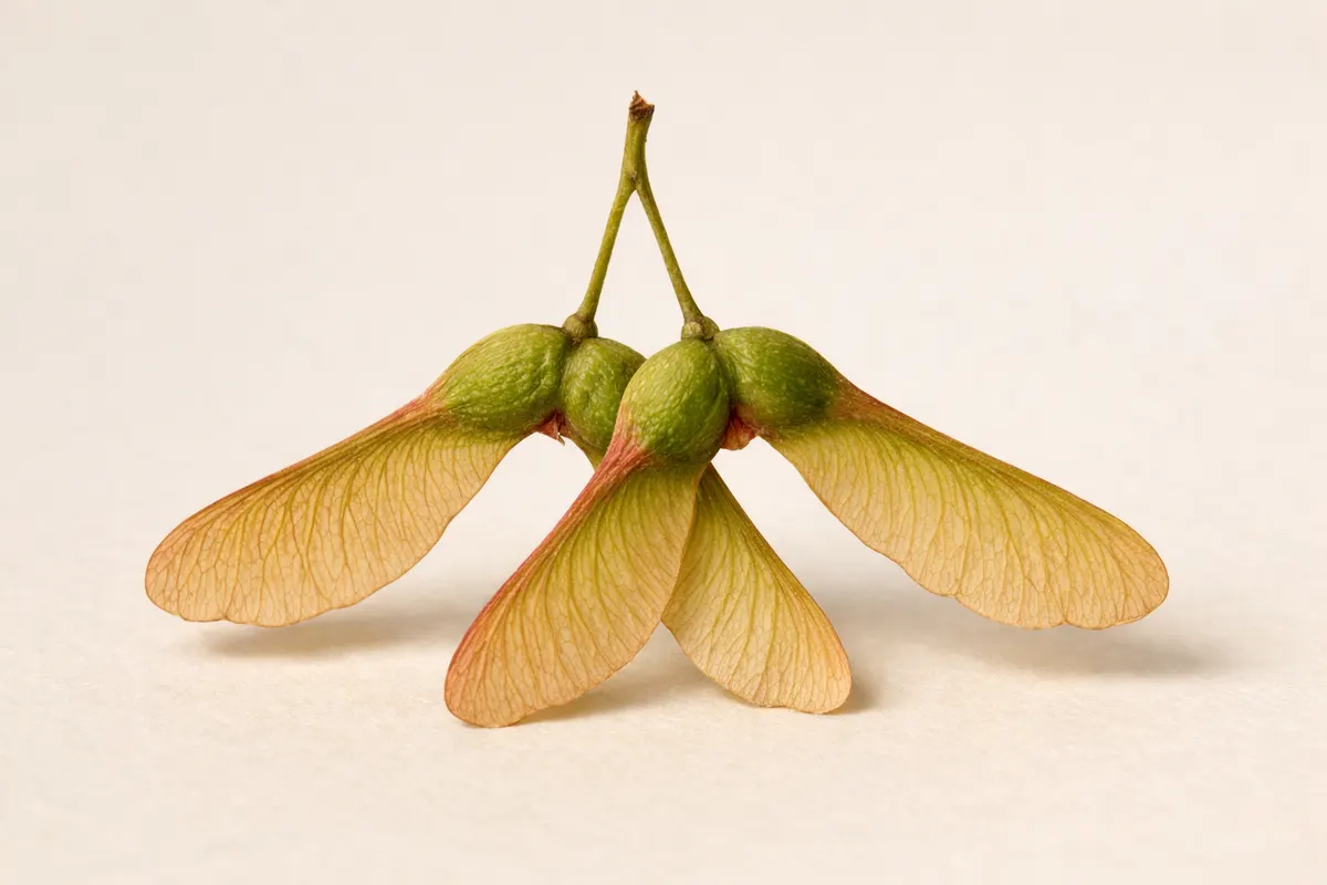 Generated illustration of winged maple samaras on a short stem.