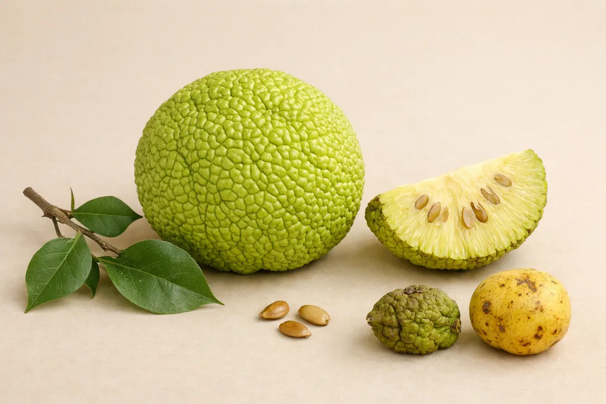 Encyclopedia-style reference visual for Osage Orange with labeled recognition details and lookalike cues.