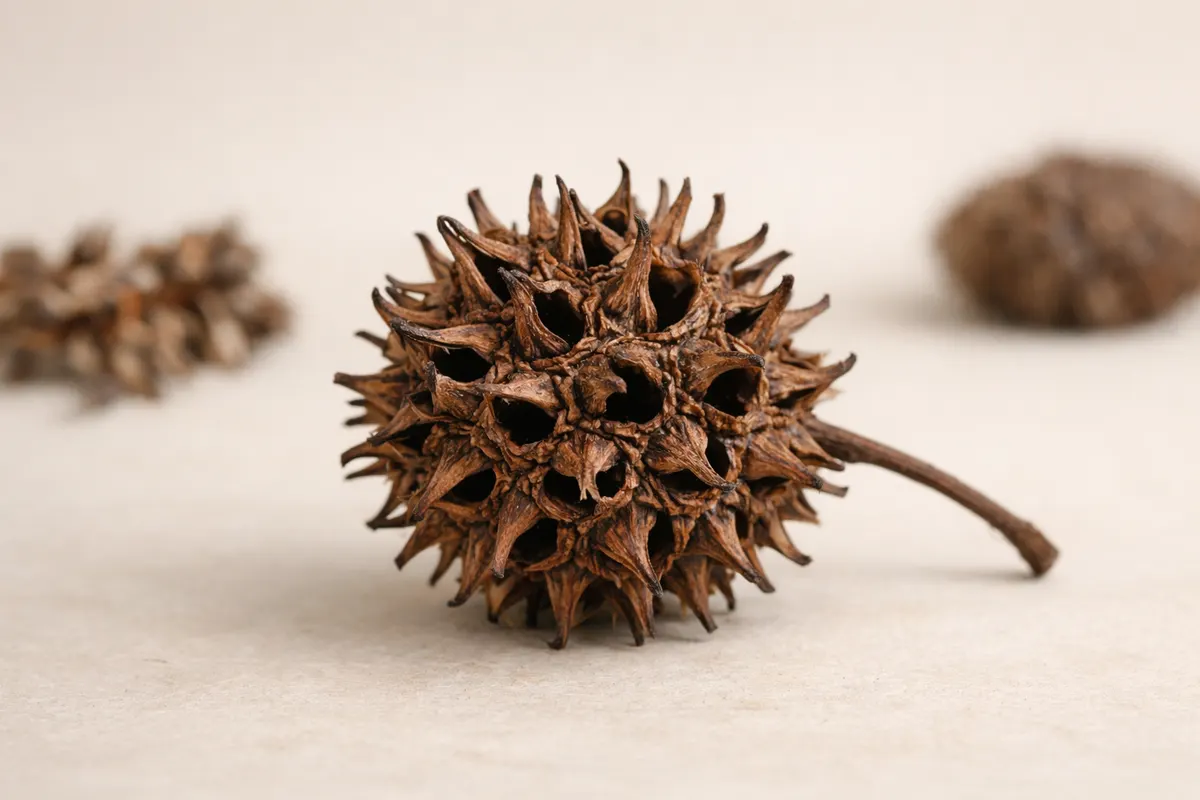 Encyclopedia-style reference visual for Sweet Gum Ball with labeled recognition details and lookalike cues.